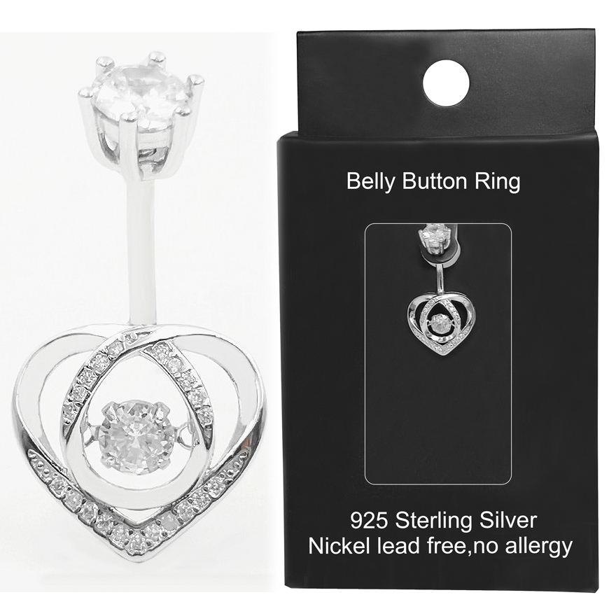 Body Jewelry Materials - แหวนสะดือ 925 เงินสเตอร์ลิงประดับเพชรหัวใจ 14G เครื่องประดับเจาะสะดือ