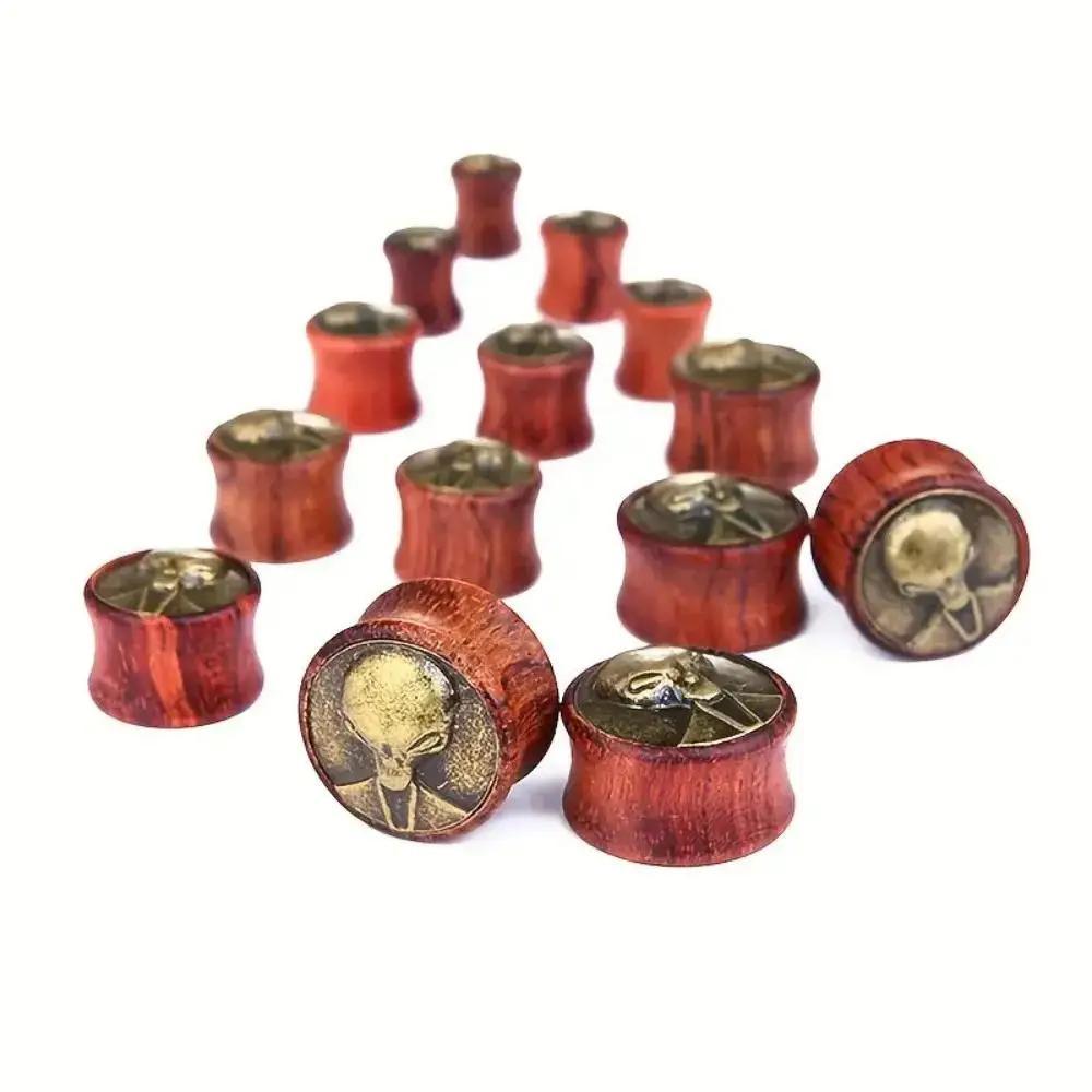 Body Jewelry Materials - จุกเจาะร่างกายรูปหัวเอเลี่ยนไม้สไตล์วินเทจ 2 ชิ้น, ต่างหูแบบไม่ใช้แม่เหล็ก, ไม่เคลือบ, วัสดุไม้ทนทาน