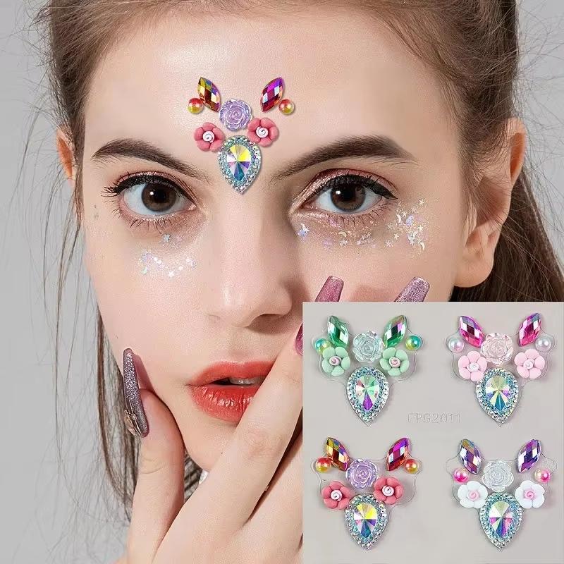 Body Jewelry Eyebrow - สติ๊กเกอร์ติดหน้าแบบ 3D ประดับคริสตัลแวววาว Rave Makeup 1