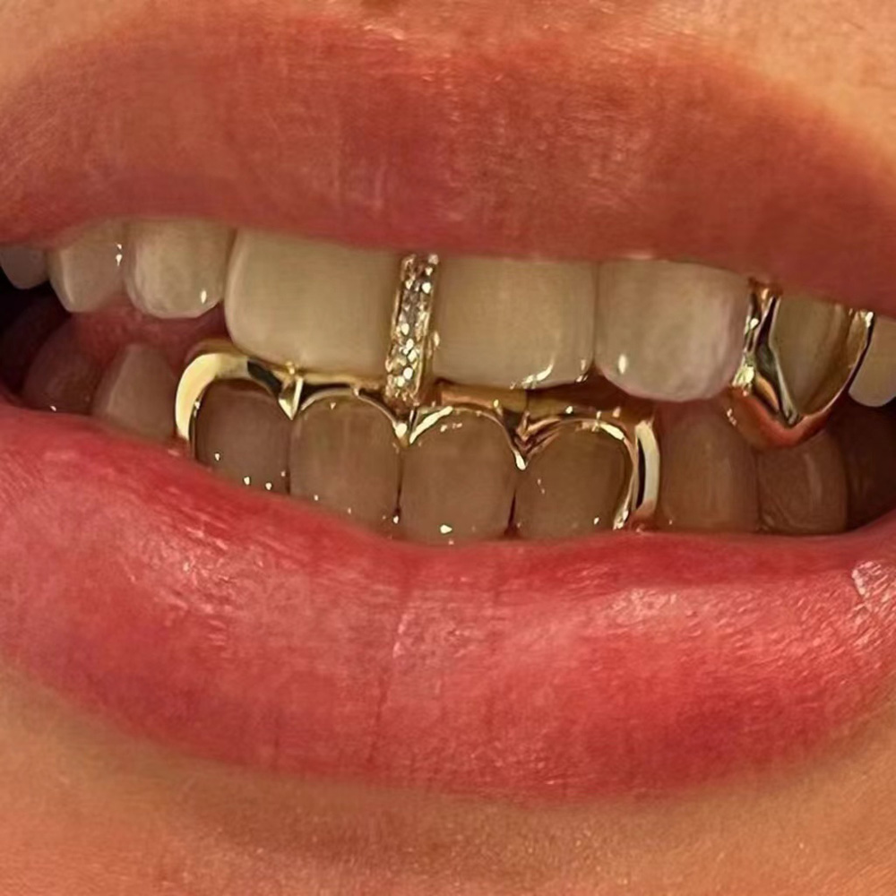 Body Jewelry Gold Plated - Rachelz ฮิปฮอปคริสตัลหินเดี่ยวแนวตั้งฟันบาร์กริล14K ชุบทองลูกบาศก์เพทายหมวกฟันสำหรับผู้หญิงผู้ชายเครื่องประดับ
