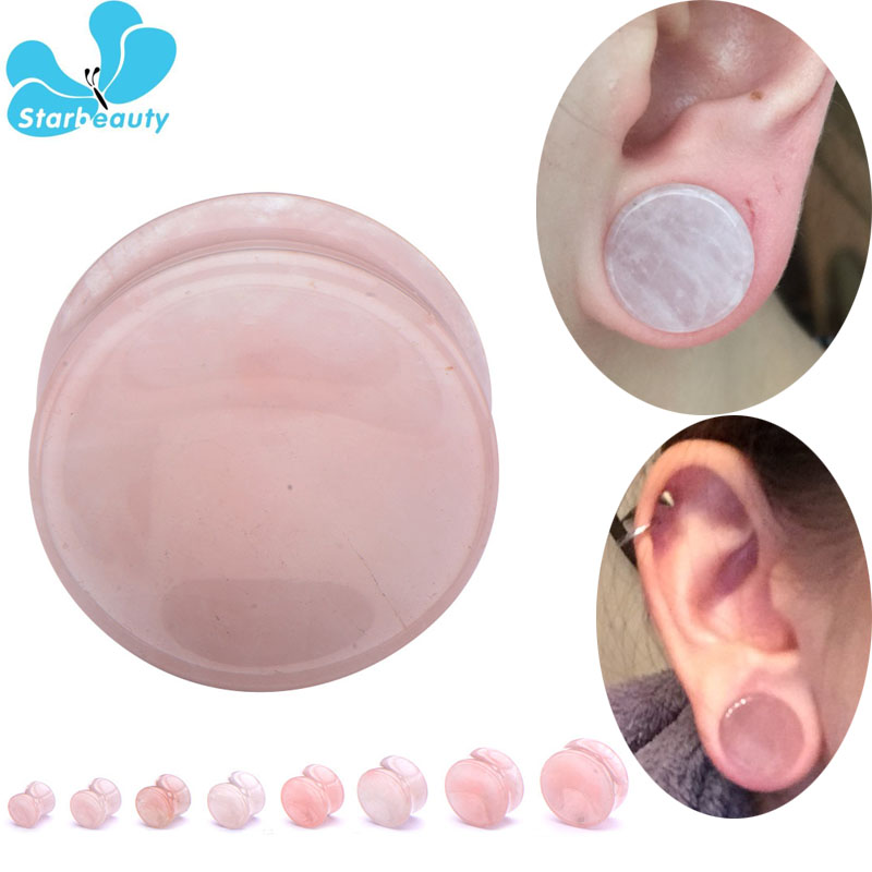 Body Jewelry Gauge Sizes - 2Pc สีชมพู Quartz หินอุโมงค์เนื้อหูหู Expander Stretcher