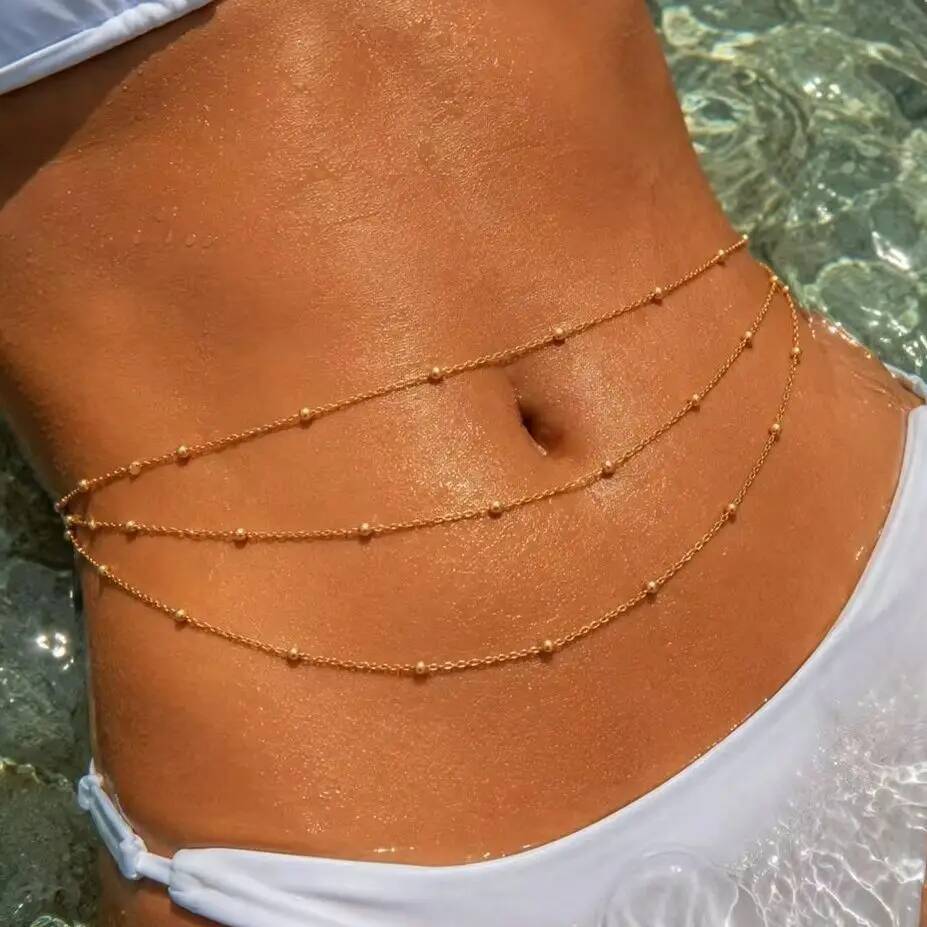 Body Jewelry Gold Plated - IngeSight.Z แฟชั่นโบโฮเซ็กซี่หลายชั้นประดับด้วยลูกปัดโซ่คาดเอวผู้หญิง 18K ชุบทองสแตนเลสเครื่องประดับกันน้ำ