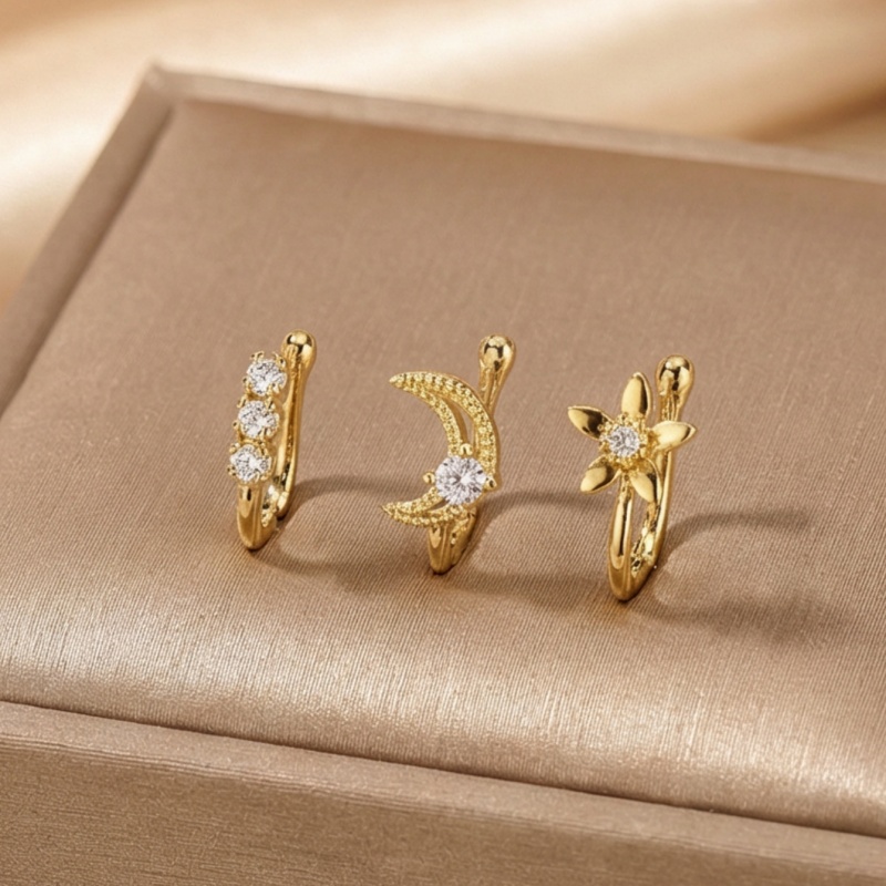 Body Jewelry Materials - ชุดคลิปหนีบจมูกสไตล์เรโทร 3 ชิ้น วัสดุทองแดงฝังเพชรซิคอนเทียม ของขวัญวันหยุดสำหรับครอบครัวและเพื่อนๆ